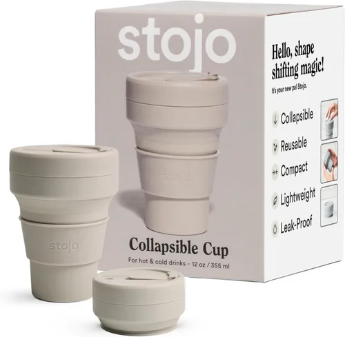 Stojo - Taza de viaje plegable de 12 onzas color avena, taza reutilizable de silicona, tamaño de bolsillo, para bebidas frías y calientes, perfecta