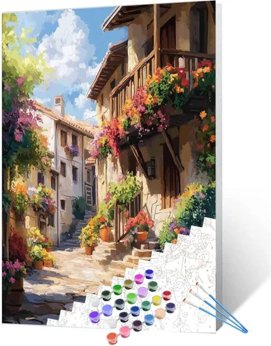 Pintura de flores de ciudad por números para adultos, niños, principiantes, Italia, ciudad, flores de calle, bricolaje, pintura acrílica, kits de