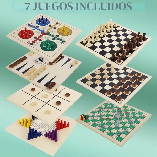 Miniatura 2 de Juegoal Juego de mesa de madera 7 en 1 para niños y adultos, juego de mesa clásico de viaje portátil