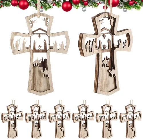 Miniatura 12 de Blulu Juego de 4 piezas de adornos navideños de escena de la natividad, set de regalo a granel, adorno colgante de madera cristiano 3D para árbol