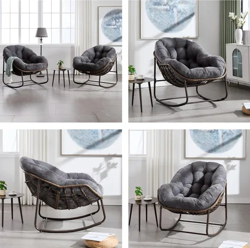 Miniatura 7 de Mecedora para porche delantero para interiores y exteriores, silla reclinable acolchada de ratán, para patio, jardín, sala de estar