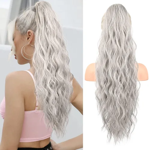 Miniatura 41 de FLUFYMOOZ Extensión de Cola de Caballo, Extensiones de Cabello de Cola de Caballo con Cordón de 26 Pulgadas para Mujeres, Postizo de Cabello