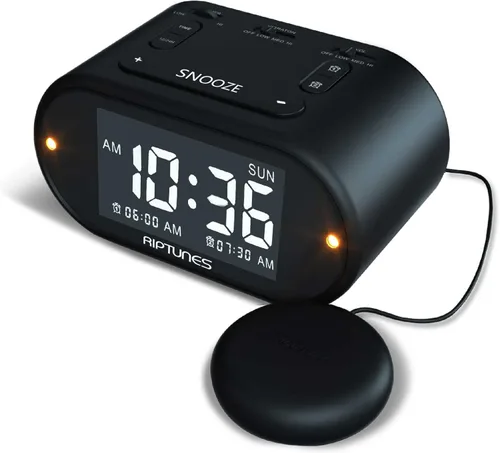 Riptunes Reloj despertador fuerte con agitador de cama para personas que duermen mucho y con discapacidad auditiva, alarma dual para dormitorio,