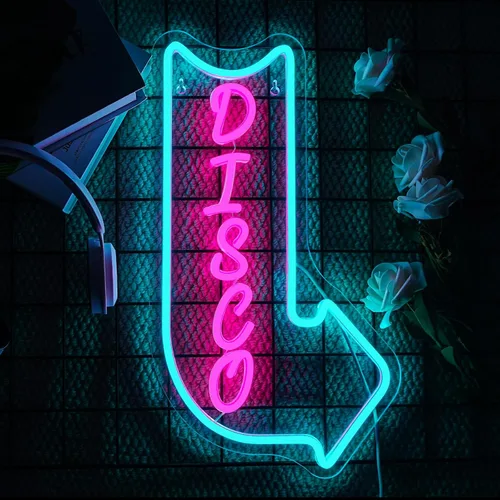 Miniatura 2 de Looklight Letreros de neón de disco para decoración de pared, letrero de luz LED rosa y azul, letrero de neón con letras iluminadas USB, letrero