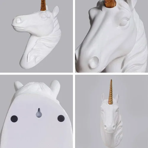 Miniatura 4 de Cabeza de unicornio para montaje en pared, escultura de cabeza de unicornio blanca con cuerno de oro, cabeza de animal de resina sintética