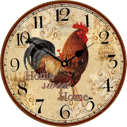 TAHEAT Reloj de pared de gallo rústico de 14 pulgadas, reloj retro silencioso sin tic-tac, fácil de leer, funciona con pilas, relojes de pared