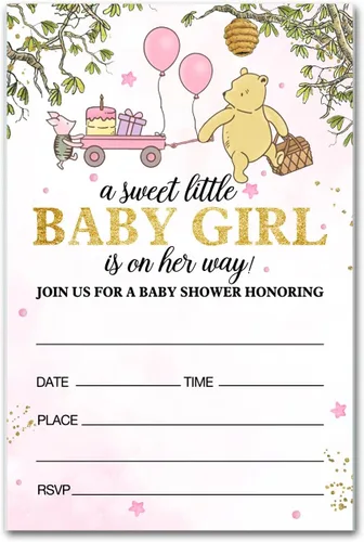 brayqu Winnie the Pooh Girl - Invitaciones para fiesta de baby shower, color rosa (20 tarjetas con sobres)