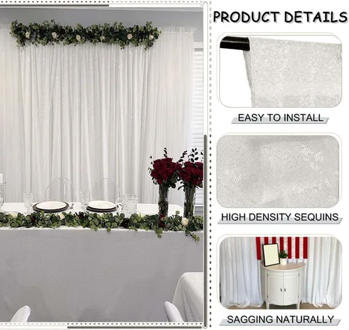 Miniatura 2 de Cortinas de lentejuelas blancas de 8 x 8 pies, 1 panel de fondo de fiesta con purpurina para cumpleaños y bodas plateado