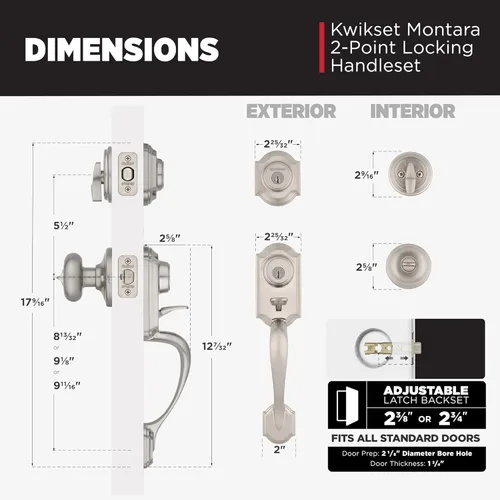 Miniatura 6 de Kwikset SmartKey Montara Juego de manijas de un cilindro con picaporte Juno en latón pulido, 95530-018 Níquel satinado
