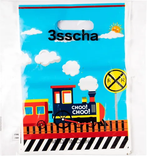 Miniatura 7 de 3sscha 50 bolsas de regalo de tren para fiesta, con temática de transporte, impermeable, con asas troqueladas, tráfico ferroviario, plástico
