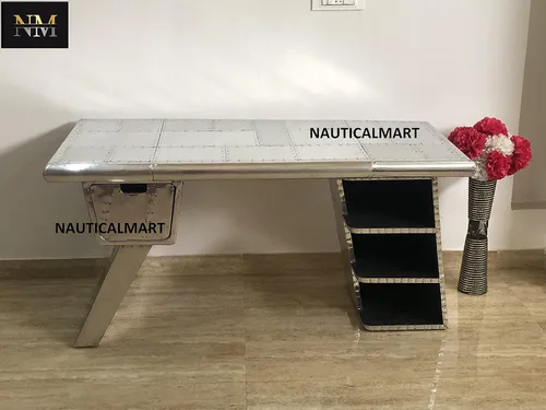 Miniatura 2 de NauticalMart Escritorio ejecutivo de aviador grande, estantería de cajón, ala de avión (60 pulgadas)