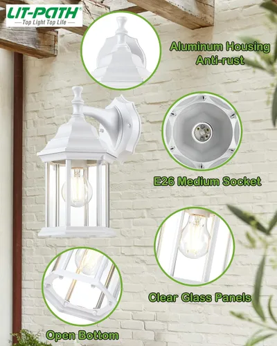 Miniatura 2 de LIT-PaTH Farol de pared para exteriores, aplique de pared como accesorio de iluminación de porche, base mediana E26 máximo 60 W, carcasa de aluminio