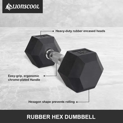 Miniatura 2 de LIONSCOOL - Mancuernas hexagonales de goma con mango de metal para entrenamiento de fuerza y resistencia, desarrollo de musculatura y entrenamiento