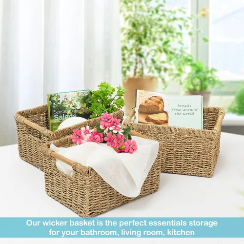 Miniatura 6 de Cesta de hierba marina natural con mango de madera, cesta de mimbre rectangular mediana para sala de estar, 12.2 x 8.9 x 6.7 pulgadas, paquete de 3