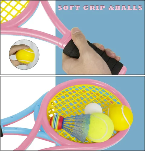 Miniatura 5 de Raquetas de tenis para niños con bolsa de transporte, pelotas de entrenamiento suaves y pájaros de bádminton, juego de regalo de raquetas de tenis