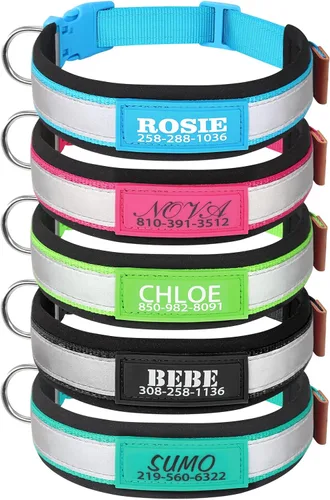 Collar de perro personalizado, collar de identificación personalizado con nombre de mascota y número de teléfono, collar de nailon reflectante