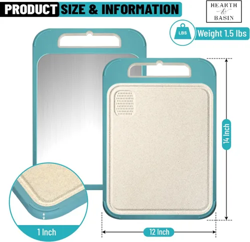 Miniatura 2 de Tabla de cortar no plástica para cocina, 14 x 11 pulgadas, placa de trigo de doble cara de acero inoxidable, resistente a los arañazos, ranura