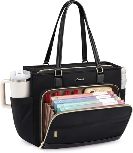 Miniatura 10 de LOVEVOOK Bolsa de mano para profesores, bolsa para laptop para mujer con portavasos grande y área de archivo de acordeón, bolsa de trabajo
