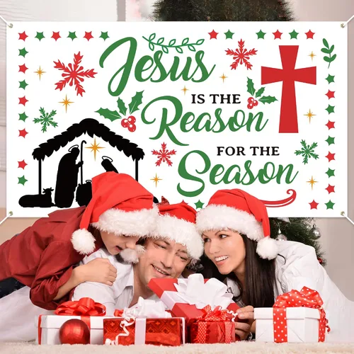 Miniatura 4 de WATINC Cartel de fondo de Navidad con texto en inglés «Jesús es la razón de la temporada», cruz de natividad, Navidad, vacaciones de invierno