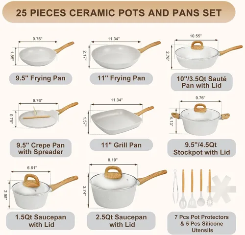 Miniatura 2 de EWFEN - Juego de 25 piezas de ollas y sartenes, juego de utensilios de cocina de cerámica antiadherente, saludable, no tóxico, gran capacidad