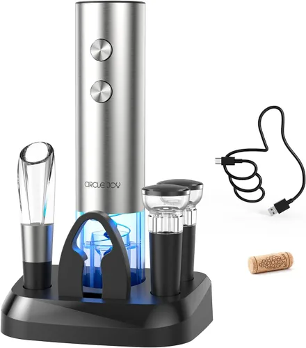 Miniatura 11 de CIRCLE JOY Juego de abridor eléctrico de botellas de vino de acero inoxidable, recargable, 8 en 1, juego de regalo de vino con base de carga, Plata