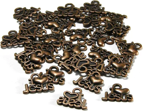 Miniatura 4 de 30 dijes de joyería cristiana I Love Jesus con base de estaño chapado en corazón (chapado en bronce antiguo)
