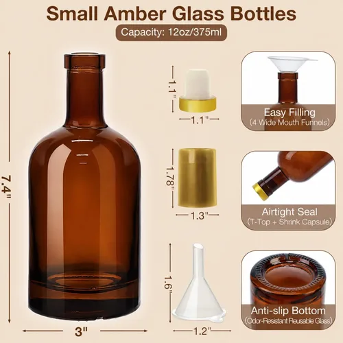 Miniatura 5 de TBWIND Paquete de 12 botellas de vidrio ámbar de 12 onzas con corchos herméticos en forma de T, botellas de vidrio de 12.7 fl oz para limoncello