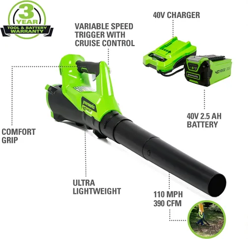 Miniatura 2 de Greenworks Soplador axial inalámbrico de 40 V (110 MPH / 390 CFM), batería de 2.5 Ah y cargador incluidos