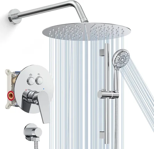 Miniatura 20 de SR SUN RISE Juego de grifo de ducha negro mate - Cabezal de ducha de lluvia de 10 pulgadas con barra deslizante ajustable, juego de combinación