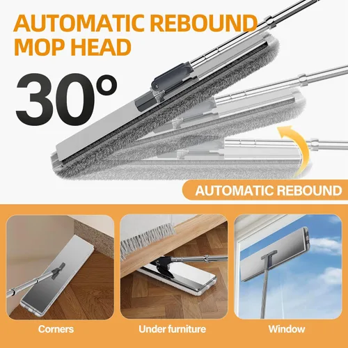 Miniatura 5 de Trapeador plano de microfibra de acero inoxidable de alta calidad para limpieza de suelos, cabezal giratorio de 360°, almohadillas ligeras y Plata