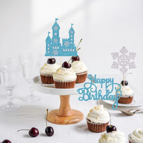 Miniatura 4 de Decoración de pastel de cumpleaños de castillo congelado, 3 piezas de decoración de pastel temático de invierno del país de las maravillas