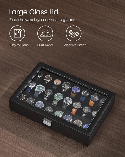 Miniatura 22 de SONGMICS 24 organizador y exhibidor negro de calidad superior, de vidrio, con funda para reloj, de piel sintética UJWB024