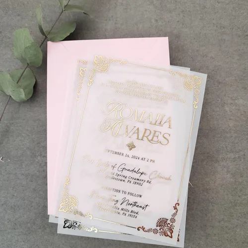 Miniatura 4 de Juego de 10 invitaciones de quinceañera, invitaciones de membrillo Gold Mis para niña de 15 cumpleaños, tarjetas de quinceañera de vellum