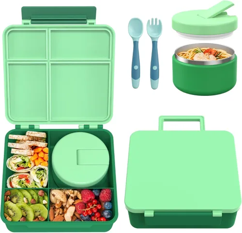Miniatura 10 de Pawtong Lonchera Bento con termo de sopa de 8 onzas, recipientes de comida a prueba de fugas para niños con 4 compartimentos, recipiente de comida