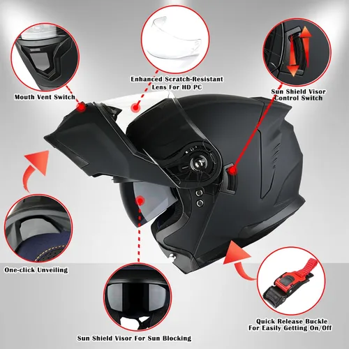 Miniatura 3 de 1Storm Casco modular de motocicleta para calle con doble visera abatible, protección solar de cara completa HJK920