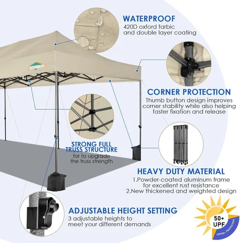 Miniatura 19 de COBIZI Tienda de campaña desplegable de 6.6 x 6.6 pies, toldo resistente, fácil de instalar, impermeable, para exteriores, fiestas, playa, jardín