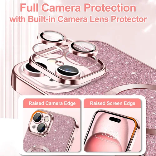 Miniatura 3 de Hython Funda para iPhone 15 Plus con purpurina, fundas magnéticas transparentes para teléfono con protector de lente de cámara