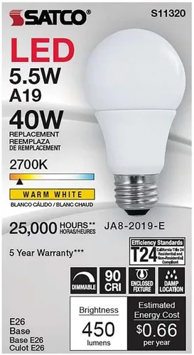 Miniatura 2 de Satco S11320, 5.5 W, A19, 2700K, base media, ángulo de haz de 220 grados, 120 voltios, bombilla LED