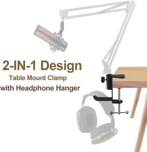 Miniatura 3 de Soporte de abrazadera de mesa para soporte de micrófono, abrazaderas de micrófono para escritorio con gancho para auriculares, abrazadera