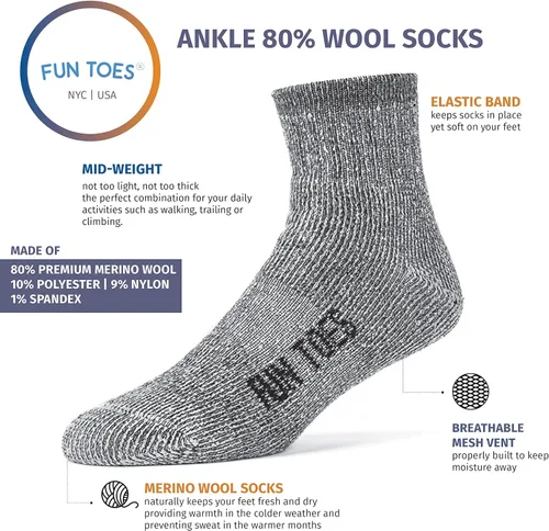 Miniatura 3 de FUN TOES Calcetines tobilleros 80% lana para hombre, 6 pares de fuertes soportes de arco de invierno, parte inferior acolchada ideal para senderismo
