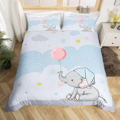 Miniatura 11 de Juego de ropa de cama Kawaii de elefante, tamaño individual, bonita silueta de elefante blanco y gris, para decoración de dormitorio de niños, funda