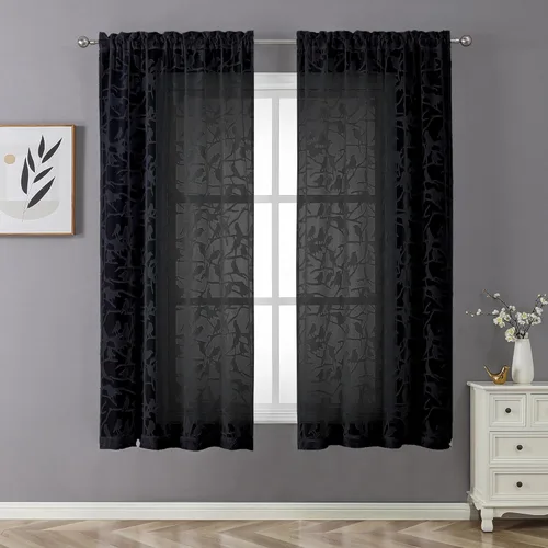Miniatura 7 de OVZME - Cortinas traslúcidas de gasa ligeras y vaporosas, texturizadas, bolsillo barra doble, pájaros recortados, dormitorio, sala de estar, 38 Negro