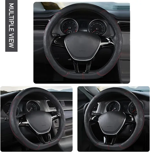 Miniatura 2 de Funda para volante en forma de D, universal de cuero de microfibra transpirable con fondo plano en estilo deportivo, 15 pulgadas/38 cm, negro