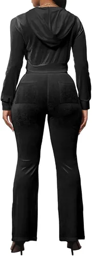 Miniatura 6 de PINSV Conjunto de 2 piezas de terciopelo para mujer, sudadera con capucha y cremallera para correr, conjunto de entrenamiento