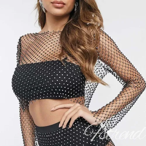 Miniatura 4 de Fstrend Cadena de malla de cristal con diamantes de imitación, parte superior corta negra, manga larga, bikini transparente, A