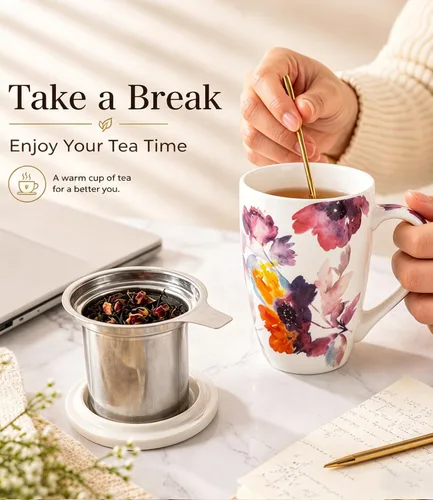 Miniatura 3 de AmorArc Taza de té de porcelana de 18 onzas con infusor y tapa, taza de té de hojas sueltas con colador de acero inoxidable, taza de café grande