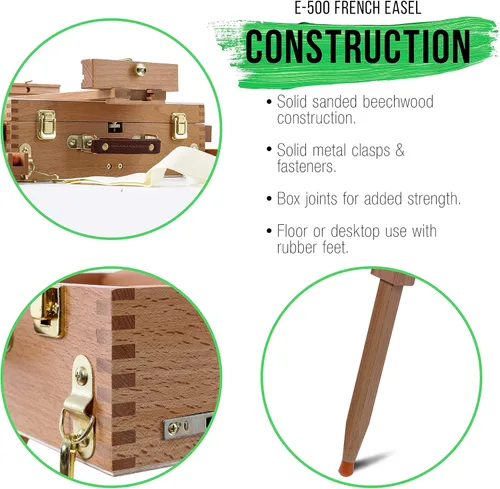 Miniatura 5 de U.S. Art Supply Caballete Francés Grande de Madera de Haya, Caballetes Ajustables Plein Air Caja de Bocetos Trípode para Campo y Estudio Caballete
