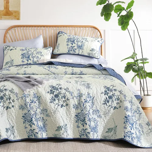 Miniatura 15 de WONGS BEDDING Juego de edredón floral matrimonial, juego de colcha con patrón botánico azul para mujeres, adolescentes y niñas, juego de ropa