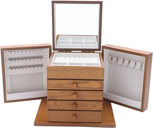 Eapmic Extragrande de cuatro hojas talladas Caja de joyería de madera de 5 capas Armario de joyería Gabinete Alhajero Anillo Collar Caja de