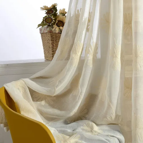 Miniatura 11 de VOGOL - Cortinas con ojales bordadas con patrón floral elegante de lino sintético, 2 paneles, 60% opacas con aislamiento térmico, cortinas pesadas